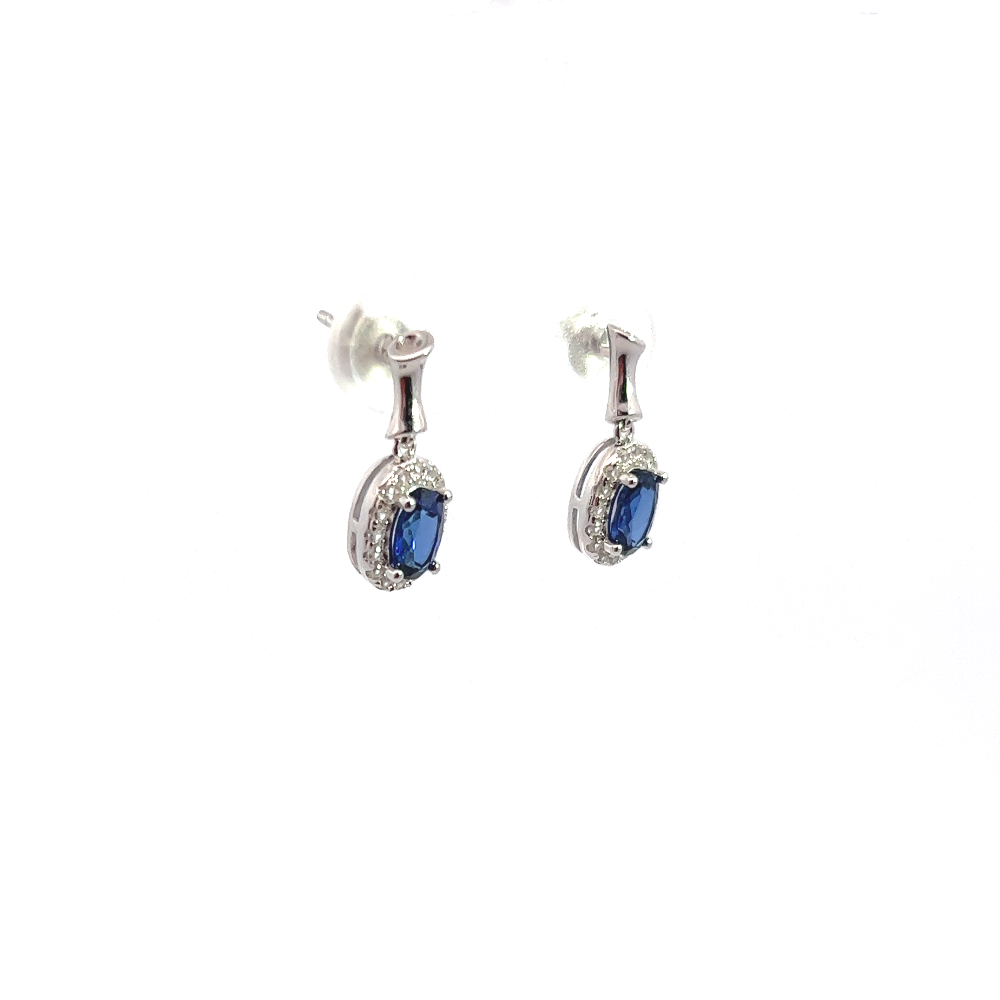 Shop online premium sterling silver blue sapphire dangler earrings with sparkling CZ stones.