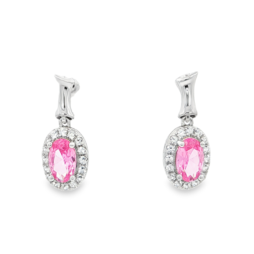 Shop online premium sterling silver pink sapphire dangler earrings with sparkling CZ stones.