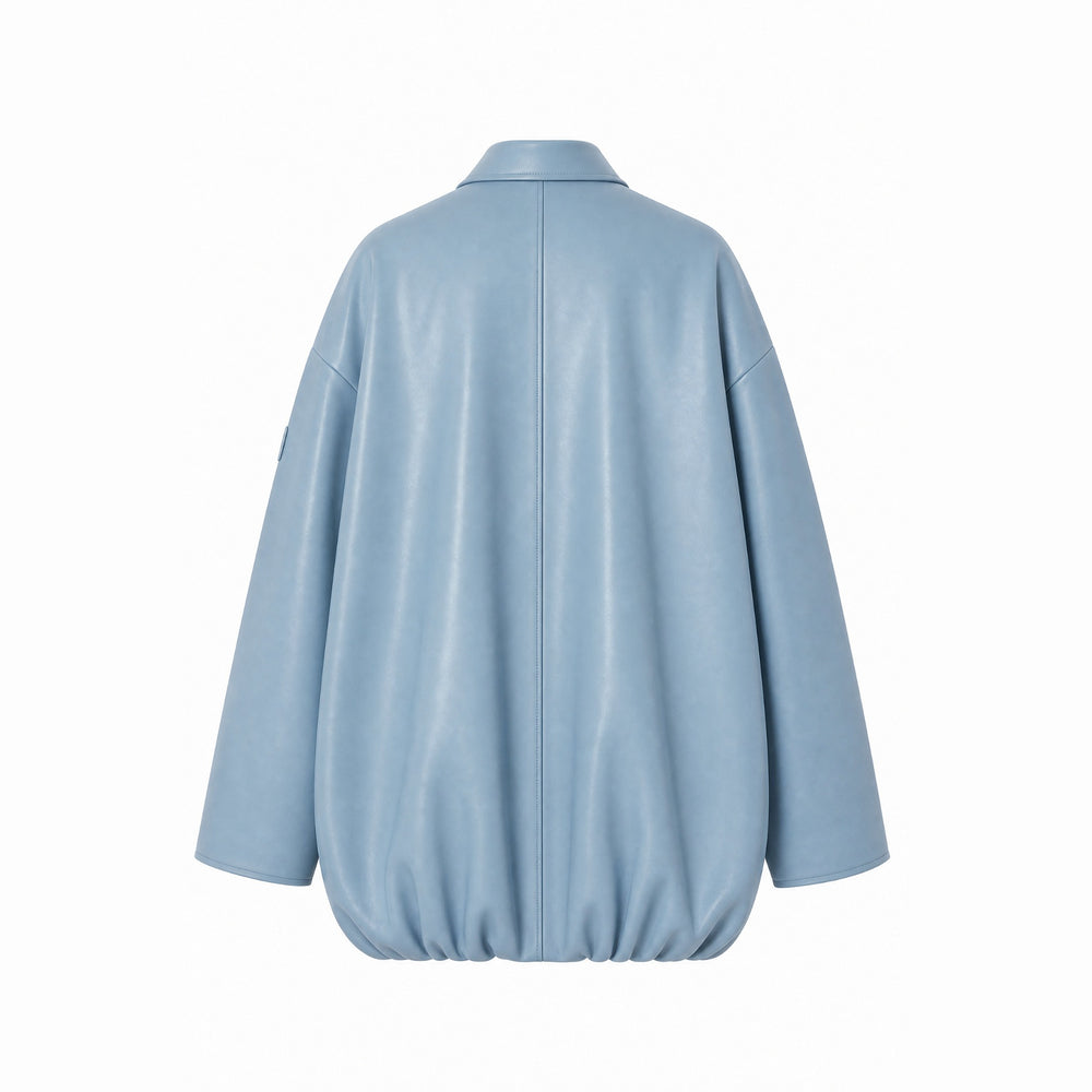 Shop online from our exclusive website and discover the Oversized Olive Leather Bomber Jacket in Ice Blue by Benedetti Life, crafted from Oleatex® plant-based leather for sustainable modern luxury.
