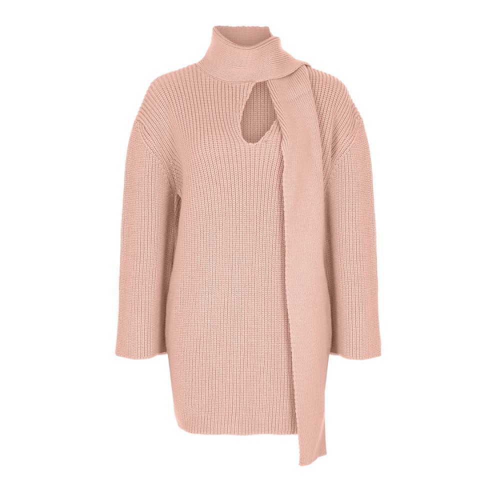 PINK SCARF-DETAILED KNITTED MINI DRESS 95% SOFT ACRYLIC/5% POLYAMIDE