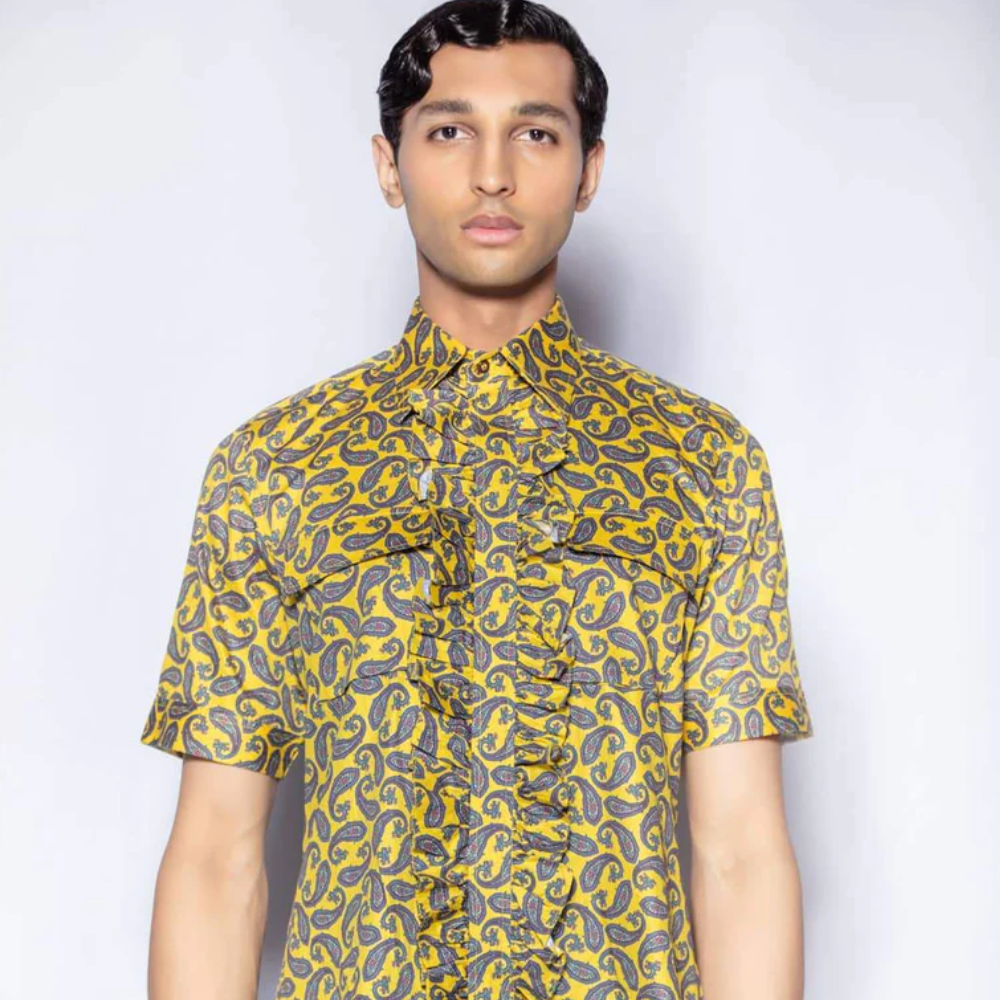 Vintage 1970s Inspired Men's Ruffled Short Sleeve Shirt from our Capsule Collection. 