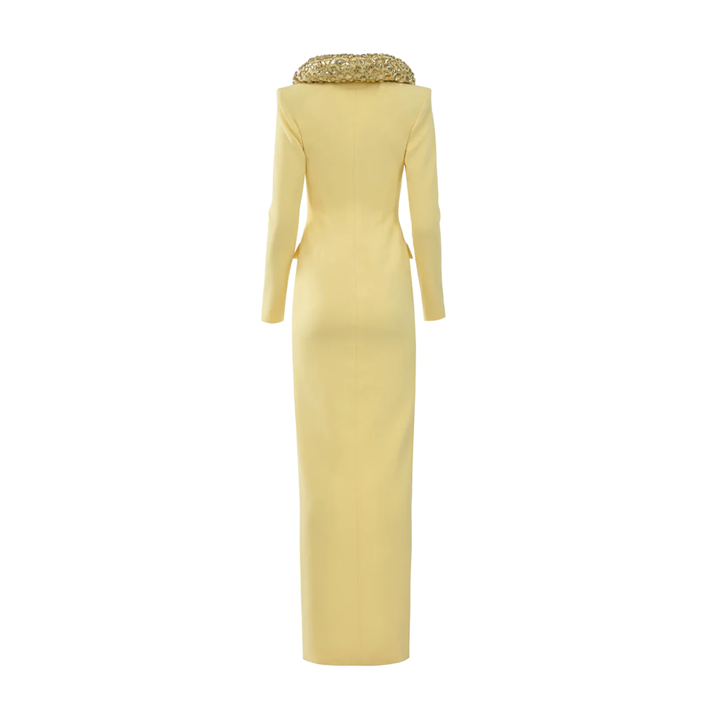 A light yellow crepe coatdress with a crystal embroidered lapel.