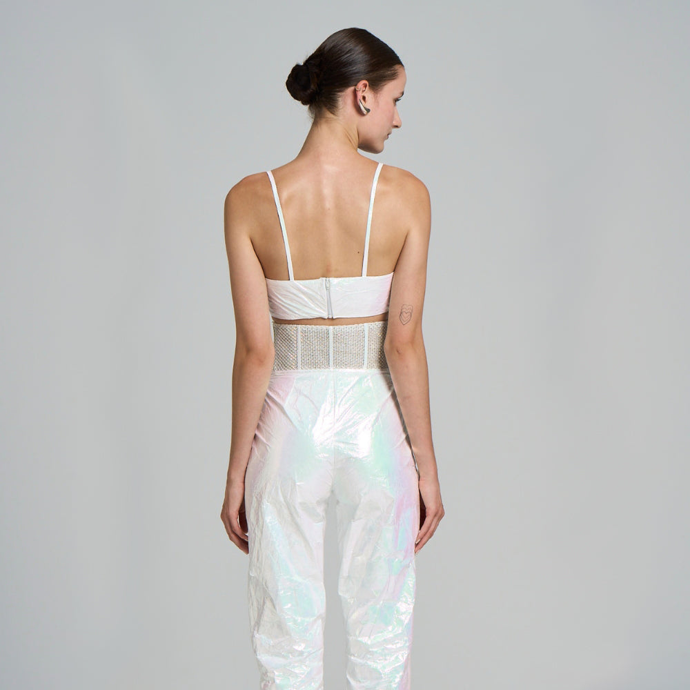 Crop Top bustier with suspenders with globe embroidered mesh detail. Lined tyvek fabric. Washable, not ironable