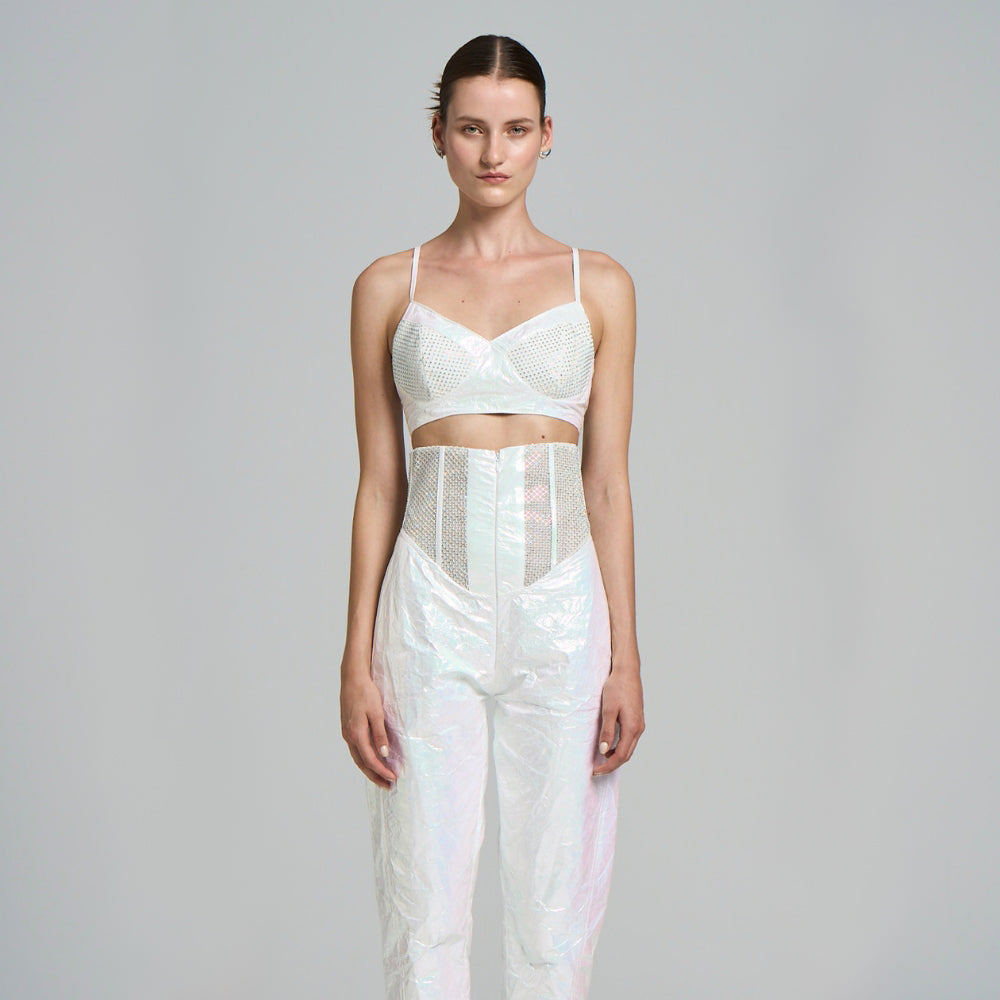 Crop Top bustier with suspenders with globe embroidered mesh detail. Lined tyvek fabric. Washable, not ironable