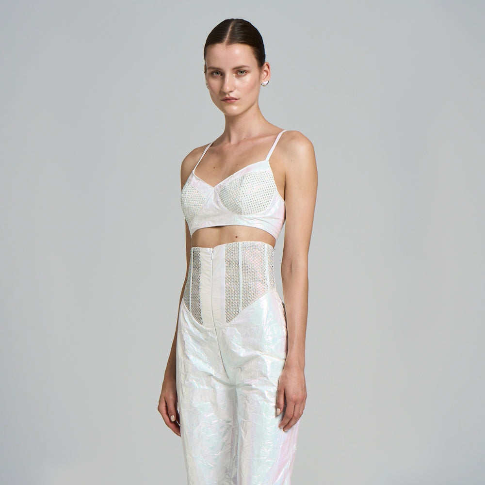 High waist pants. Stone mesh detail: Corsage, Pocketless, Underwire. It can be washed, not ironed