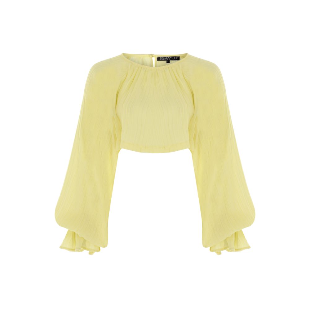 PASTEL YELLOW BALLOON-SLEEVED CROP BLOUSE 37% RECYCLED PES / 33% VIS / 30% TENCEL