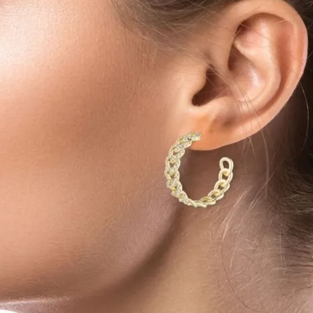 2 CTTW Pave Cubic Zirconia chain hoop earrings. Earrings Set in 1k gold plated brass.