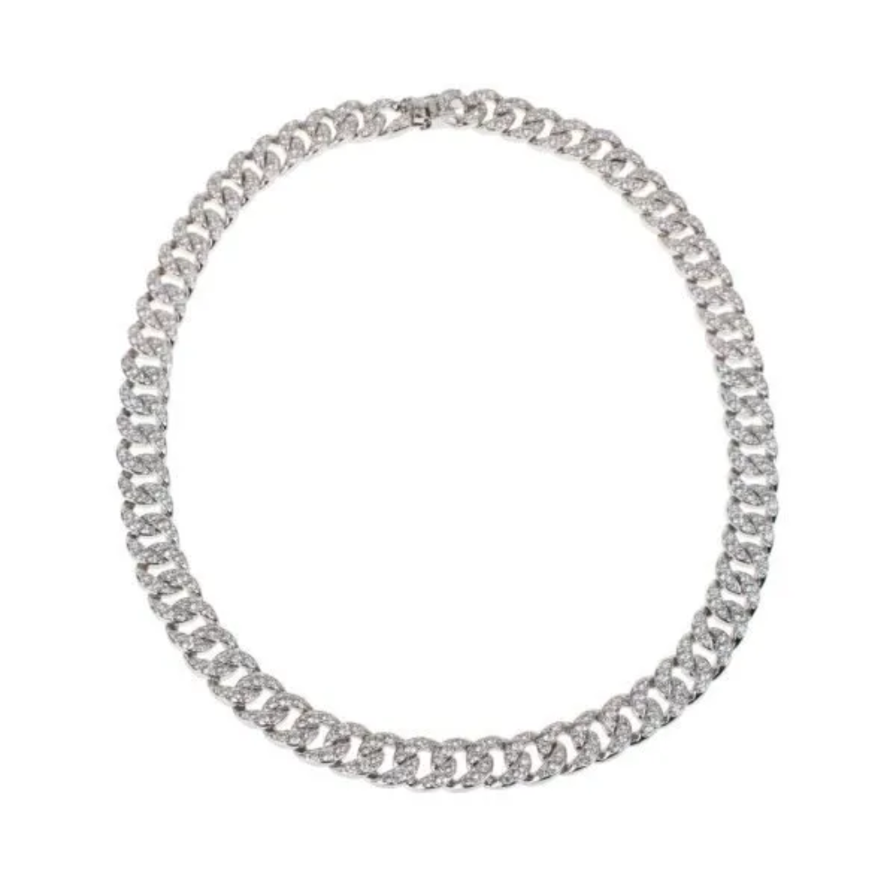 30 CTTW Round Cubic Zirconia chain link necklace. Box clasp closure. Set in rhodium plated brass.