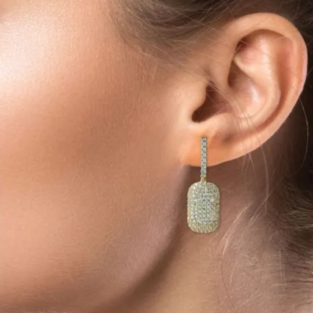 2.5CTTW pave cubic zirconia geometric drop earrings. Earring set in 18k gold plated brass.