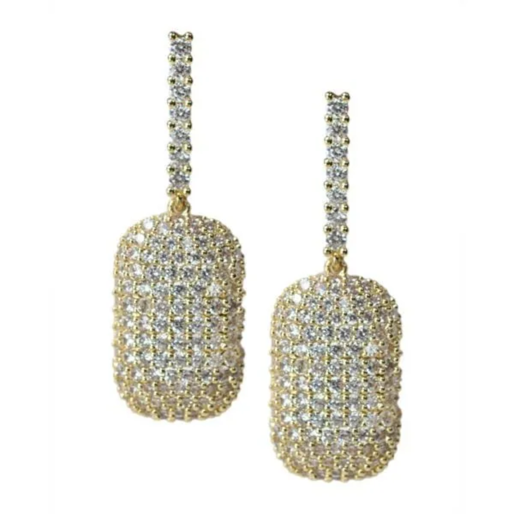 2.5CTTW pave cubic zirconia geometric drop earrings. Earring set in 18k gold plated brass.