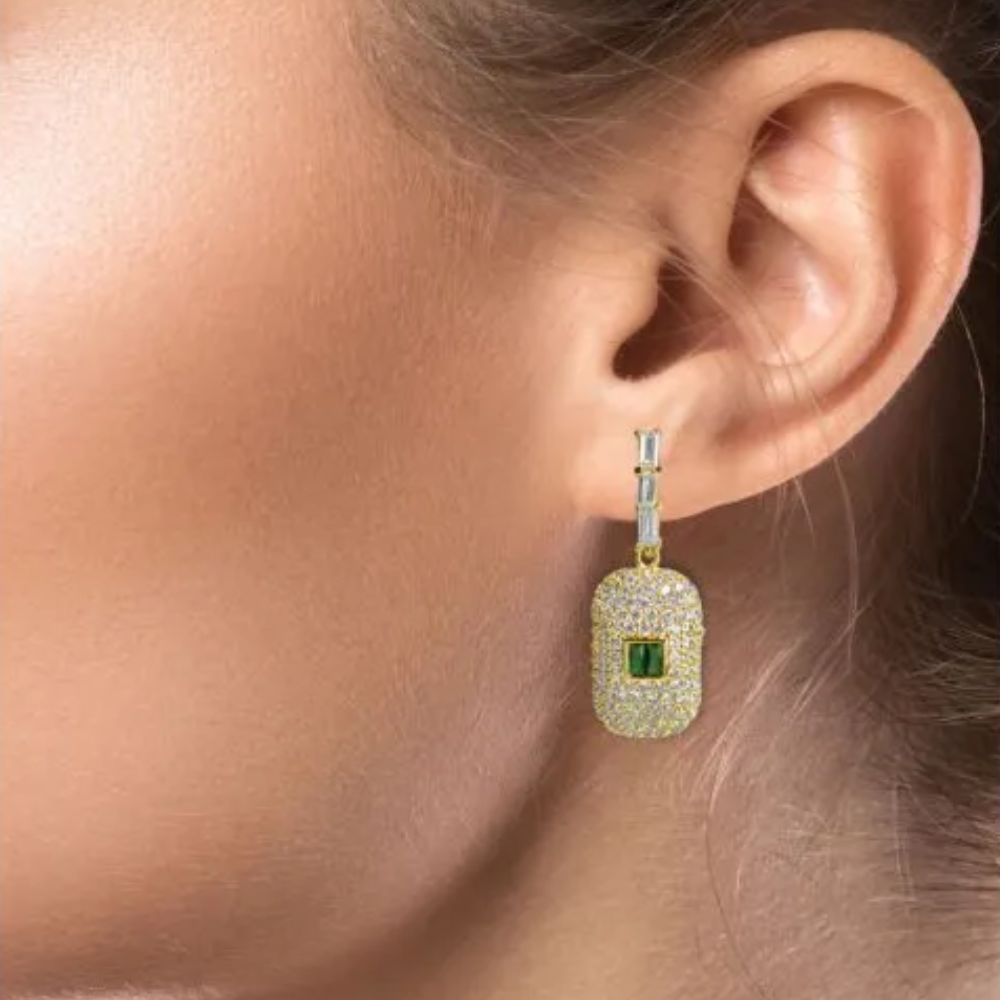 7 CTTW pave geometric drop earrings with baguette CZ accents. 