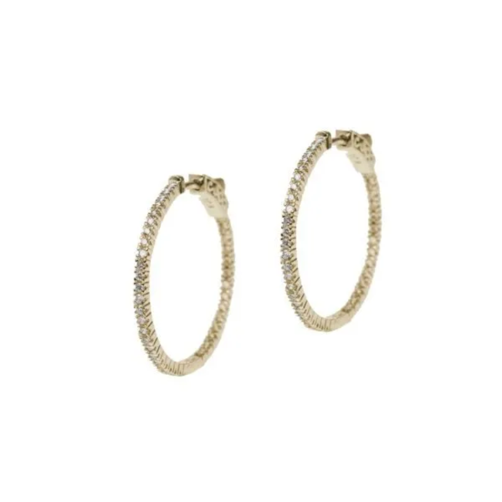 2.5 CTTW Pave Cubic Zirconia inside out hoop earrings. Mechanical closure, post ear. Set in 18k gold plated brass.