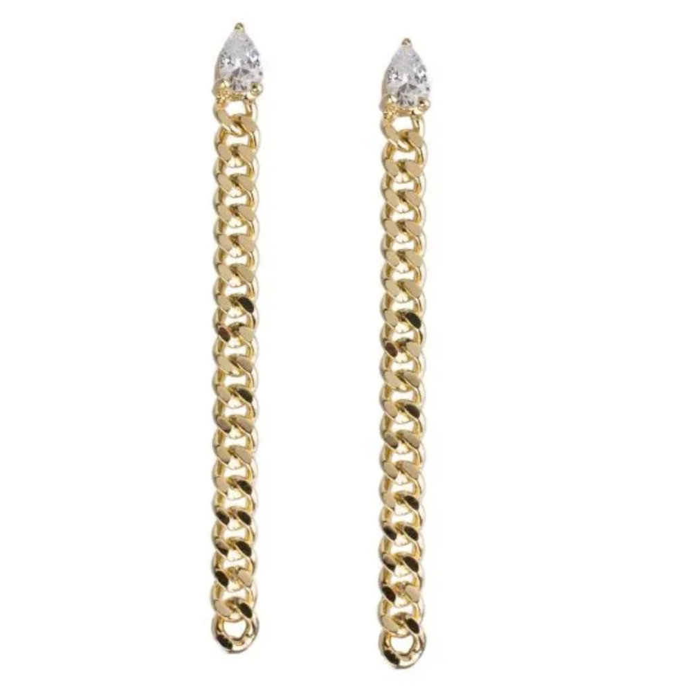 5CTTW pear cubic zirconia with curb chain drop. Pierced ear set in 18k gold plated brass.