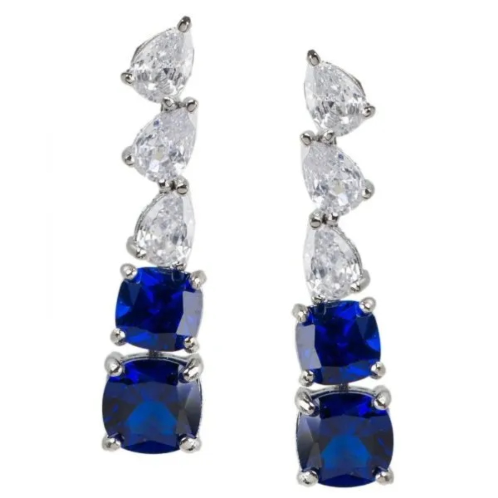 6 CTTW pear and blue sapphire cubic zirconia cushion drop earrings. Earring set in rhodium plated brass.