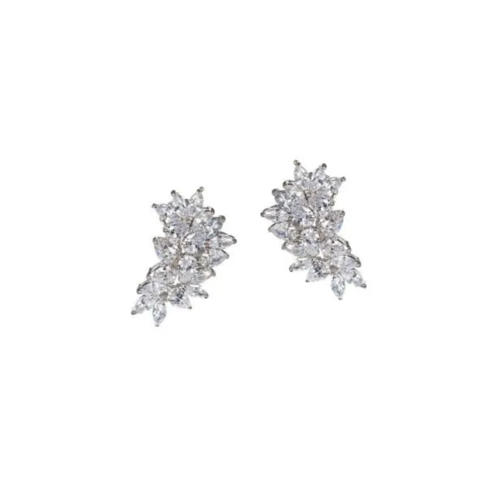 10 CTTW pear and marquise cubic zirconia cluster earrings. Post earring set in rhodium-plated brass.