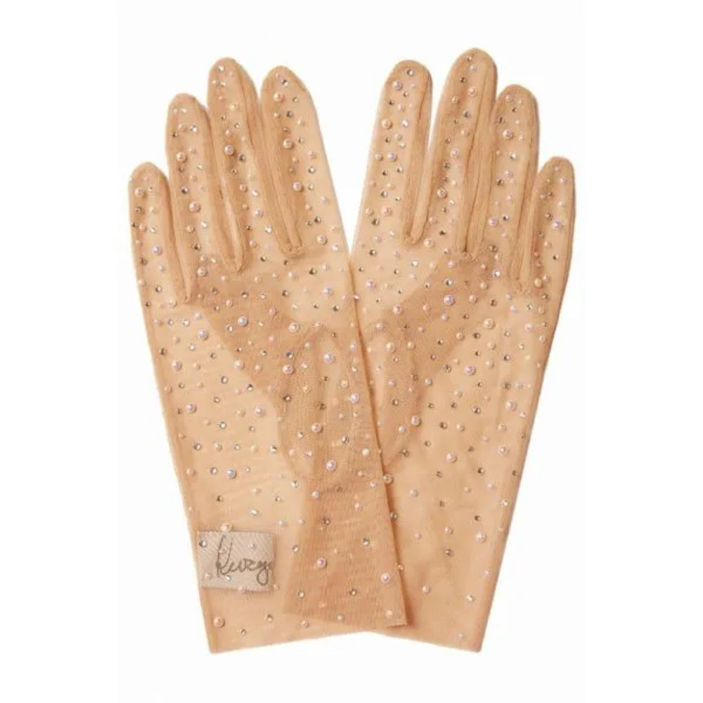 Beige gloves from stretch net with ceramic pearls and crystals. A must have for everry glove lover.