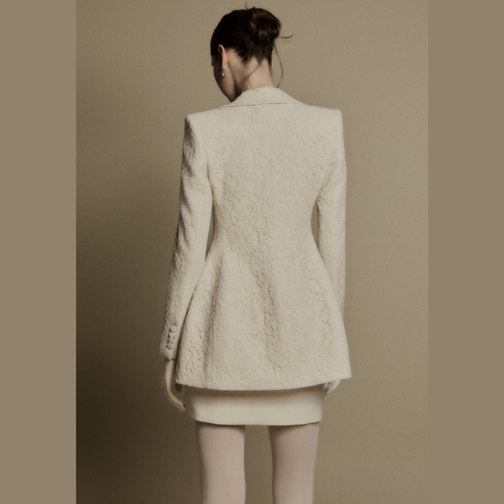 Upgrade your women clothing collection with the graceful Petal Ivory Floral Lace Suit Jacket. Shop Now!