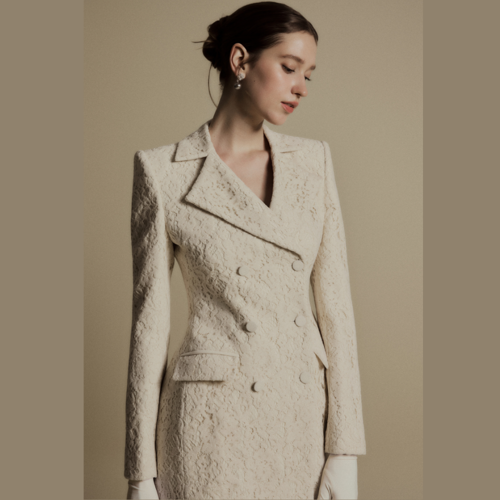 Upgrade your women clothing collection with the graceful Petal Ivory Floral Lace Suit Jacket. Shop Now!
