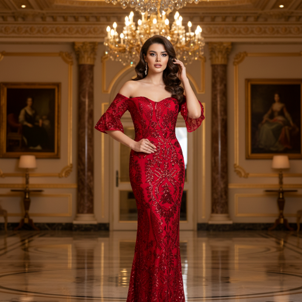 Shop online from our exclusive website. Discover the Phoenix red evening gown featuring rich fabric, a sweetheart neckline, intricate embellishments, and a flattering floor-length silhouette for galas and special occasions.