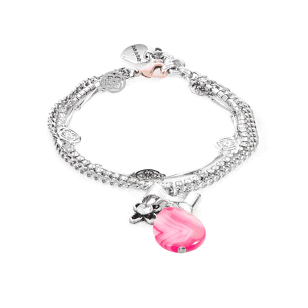 Silver-plated brass, natural pink agate stones, crystals. Bracelet made with crystals, natural pink agate stones and charms. 