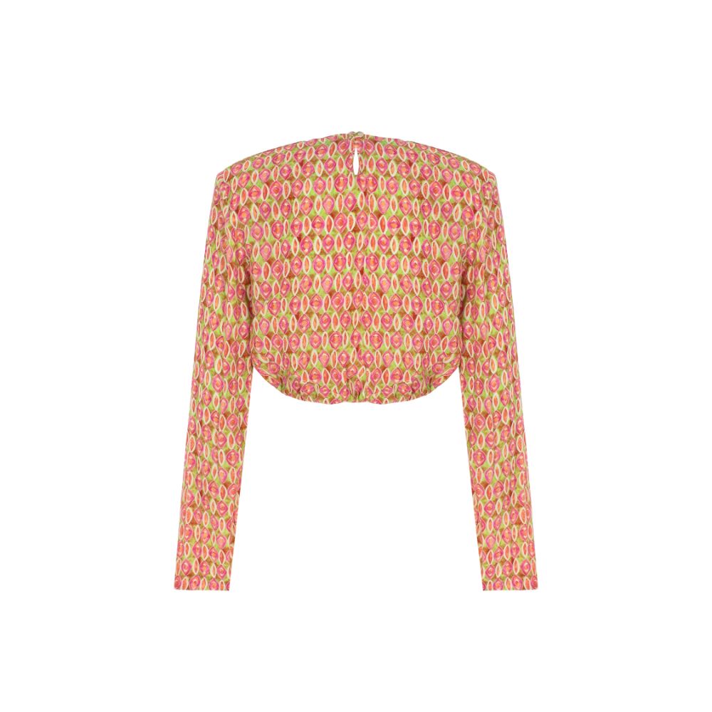 PINK DIAMOND PATTERNED TIE-DETAILED CROP BLOUSE WITH SHOULDER PAD55% CUPRO /45% ECOVERO VISCOSE