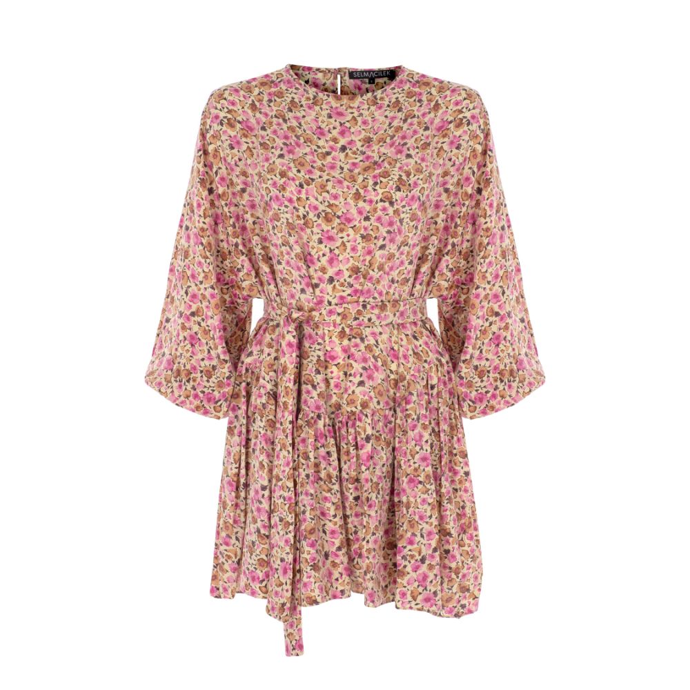 PINK FLORAL PATTERNED MINI DRESS WITH BELT.82% VISCOSE / 18% POLYAMIDE 