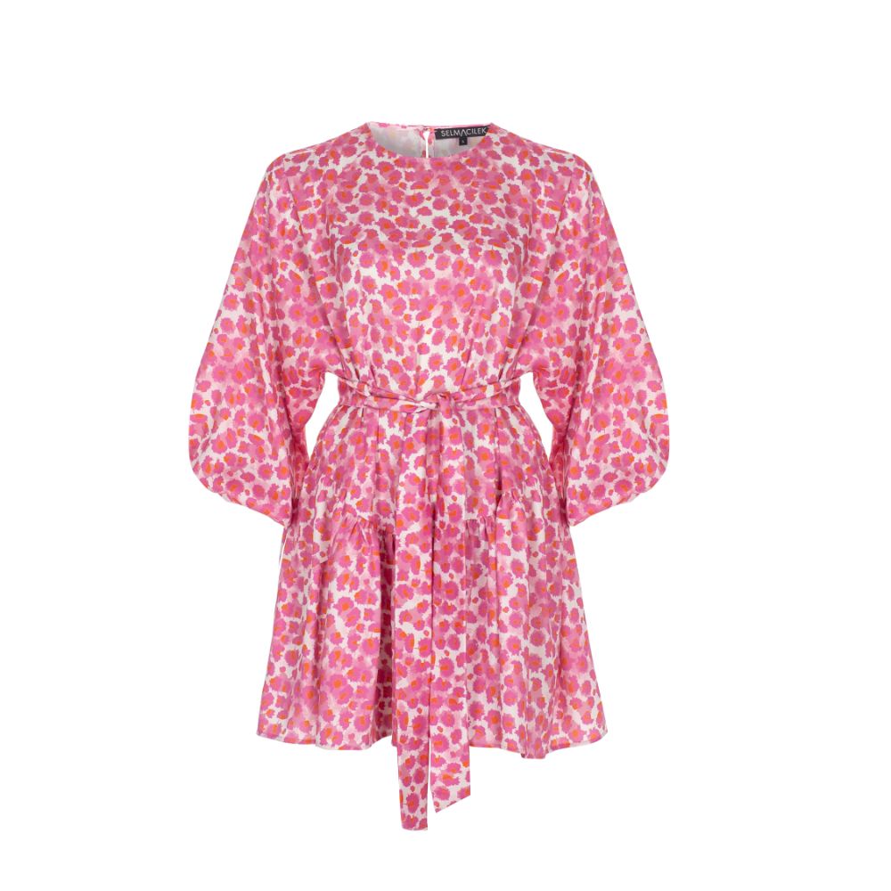 PINK FLORAL PRINTED MINI DRESS 90% Polyester / 10% Viscose