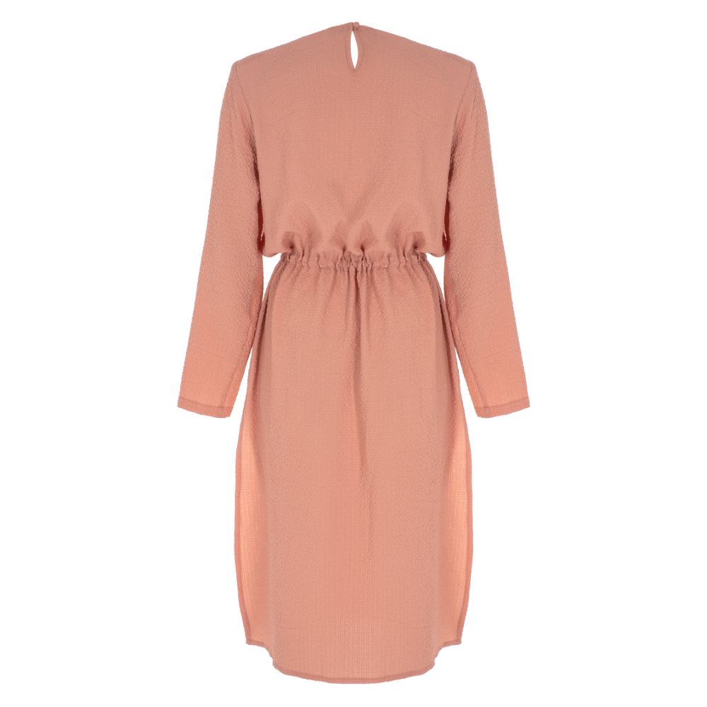 PINK MIDI DRESS WITH SLIT AND SHOULDER PAD. 100% POLYESTER