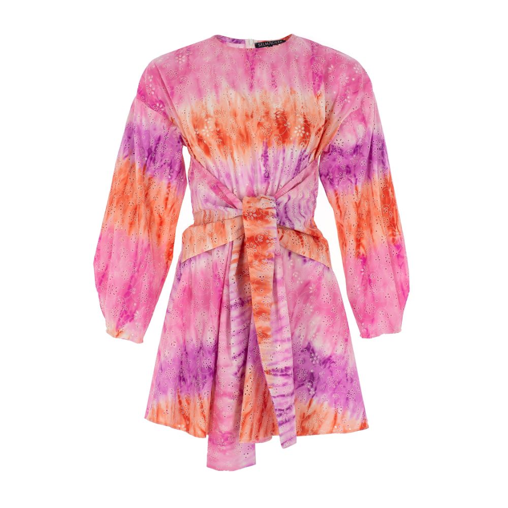 PINK TIE-DYE PRINTED TIE-DETAILED MINI DRESS 100% COTTON