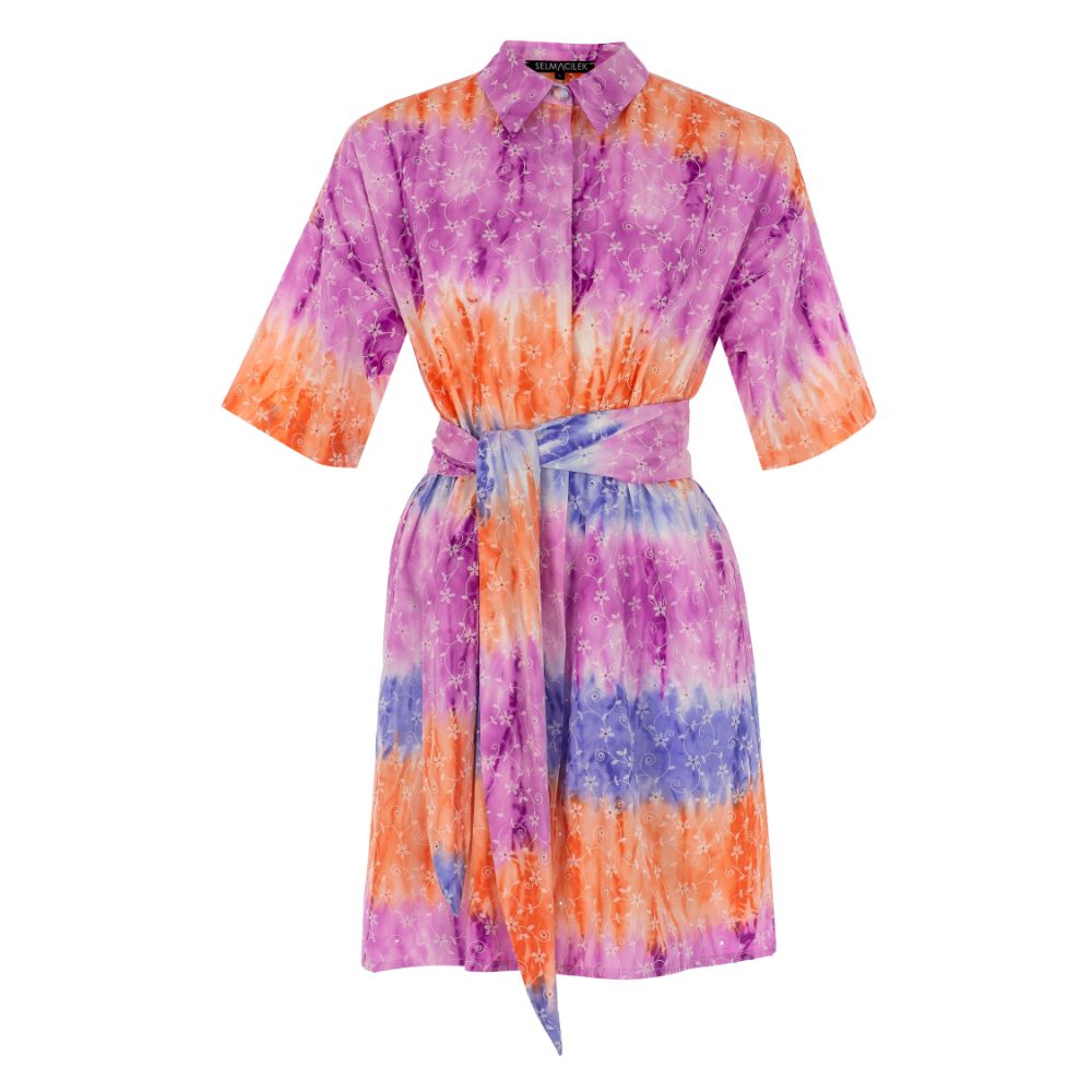 PINK TIE-DYE PRINTED TIE-DETAILED SHIRT MINI DRESS 100% COTTON