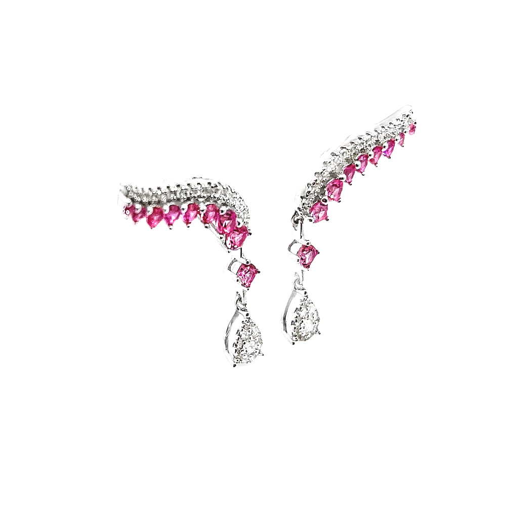 Shop online premium sterling silver pink sapphire dangle earrings with sparkling CZ stones.