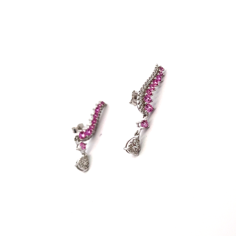 Shop online premium sterling silver pink sapphire dangle earrings with sparkling CZ stones.