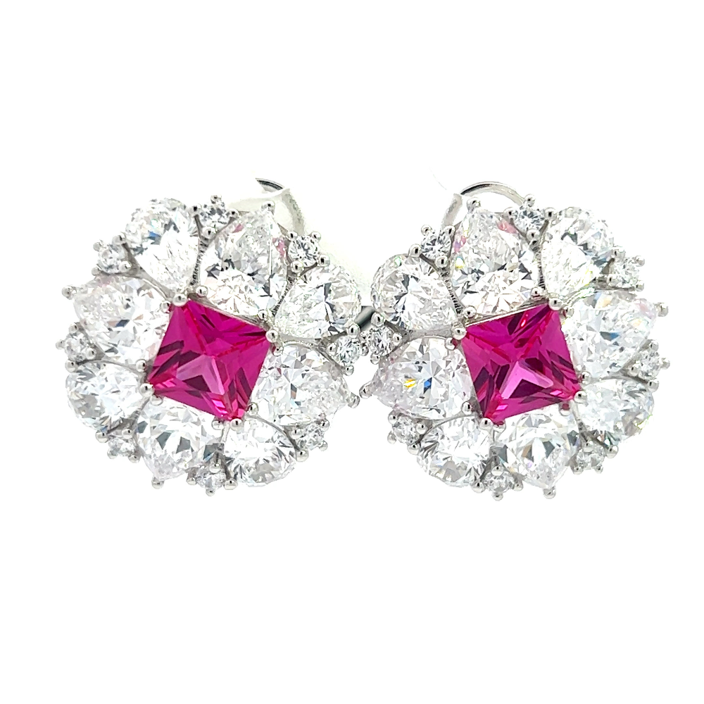 Shop online premium rhodium plated pink sapphire stud earrings with sparkling cubic zirconia stones.