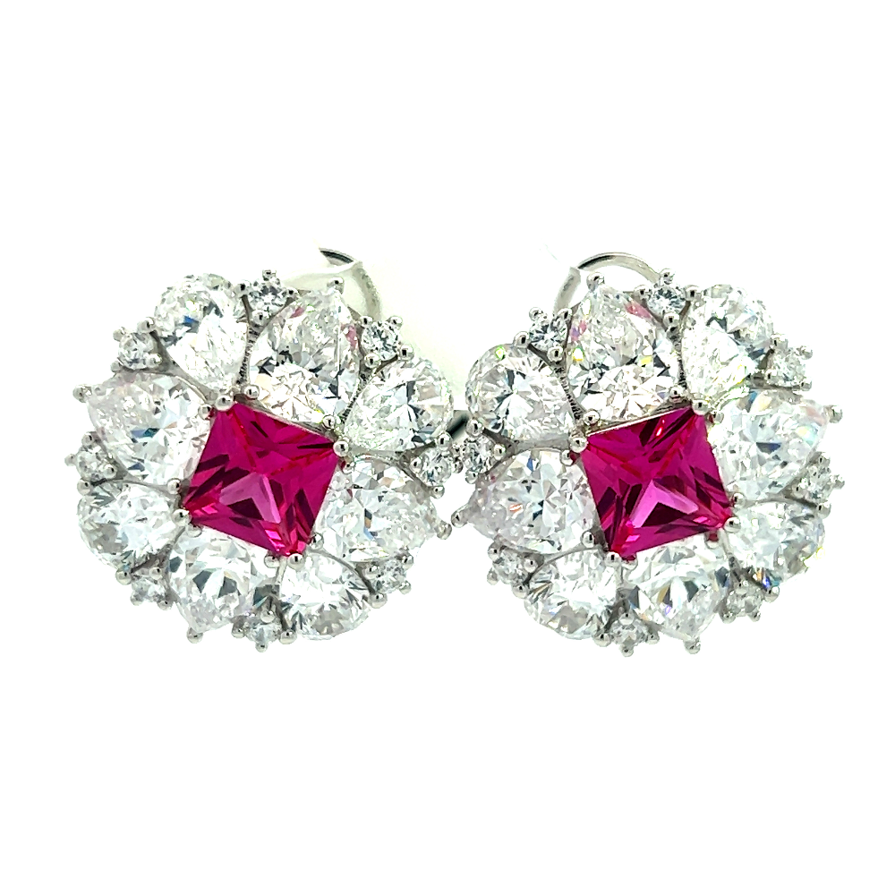 Shop online premium rhodium plated pink sapphire stud earrings with sparkling cubic zirconia stones.