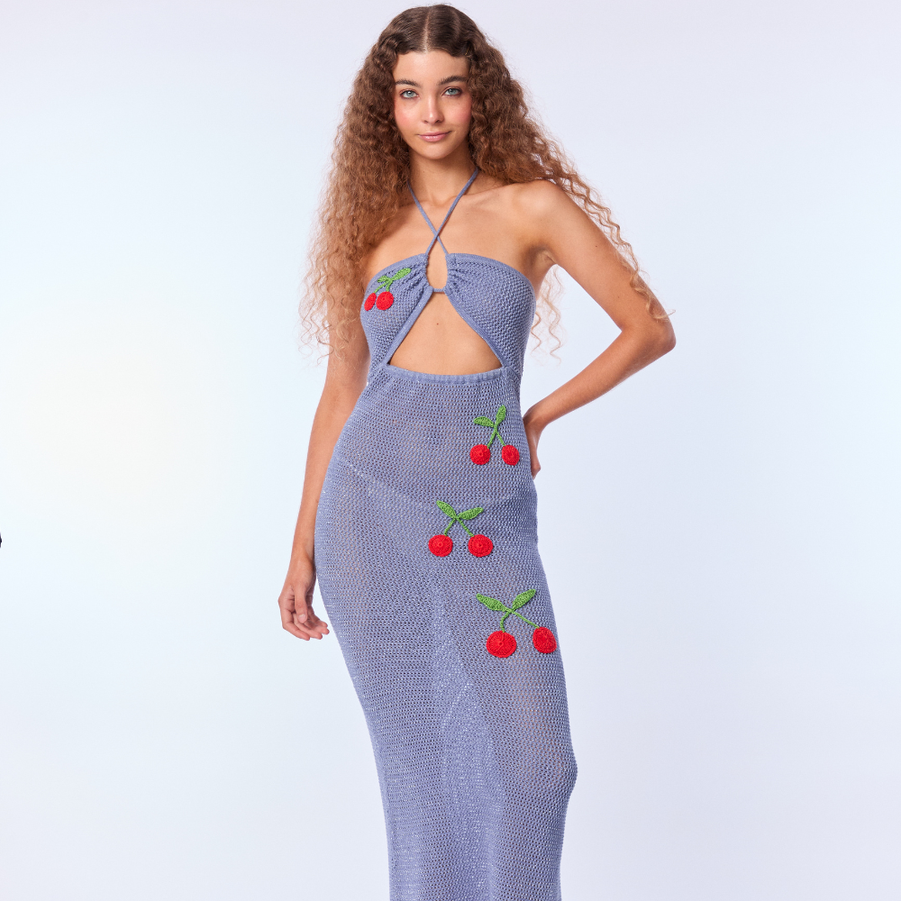 Shop the Pipa Blue Maxi Dress at TLM, featuring cherry embroidery, a fitted silhouette and subtle chest cutout. Explore luxury fashion on The Luxe Maison website.