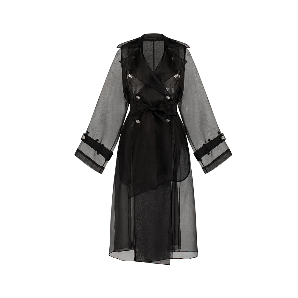 Shop The Luxe Maison Pure Silk Organza Trench Coat With Crystal Buttons at our clothing store in India. Perfect blend of elegance and style. Shop Now!