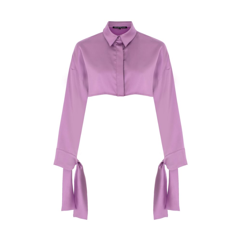 Purple Cupro Tie-Detailed Crop Shirt