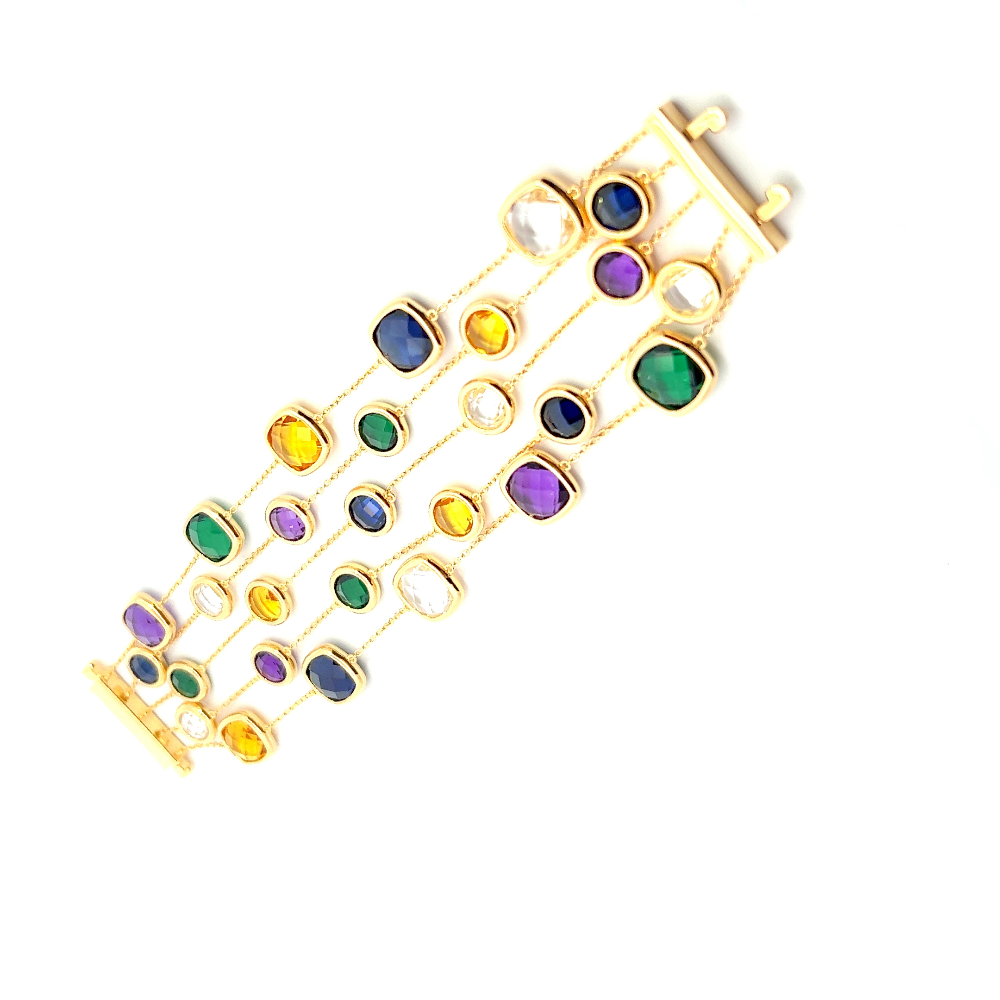 Sterling silver 18k gold-dipped multi-strand bracelet with green nano sital, lab-created amethyst, citrine, blue, and white sapphire stones for a bold layered look. Shop premium jewelry online.