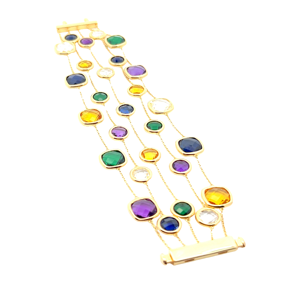 Sterling silver 18k gold-dipped multi-strand bracelet with green nano sital, lab-created amethyst, citrine, blue, and white sapphire stones for a bold layered look. Shop premium jewelry online.
