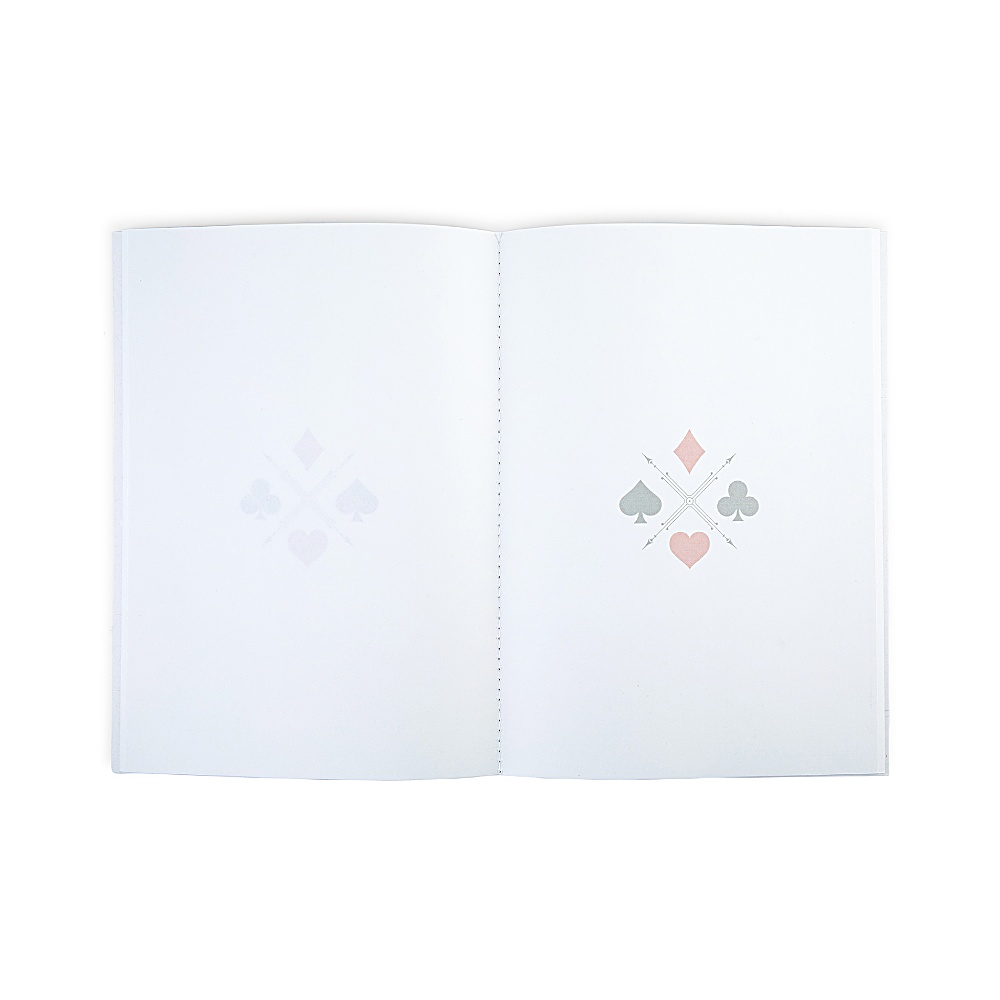 Discover the Queen of Spades Notebook at The Luxe Maison, featuring pink and ivory folds, a translucent vellum cover, and personalized rhyme options. Made in Dubai.