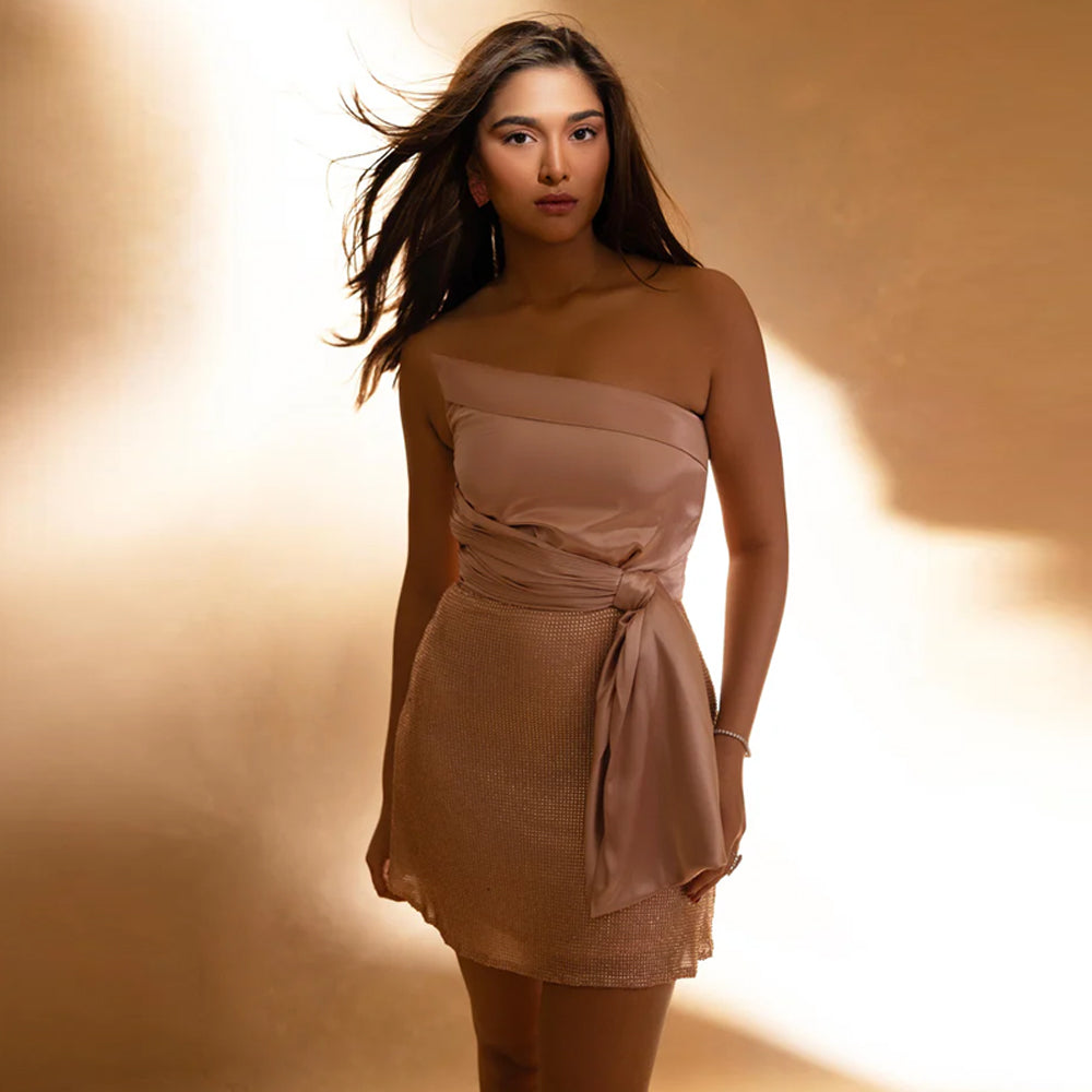 Shop online Quinn Dress from our premium website – peach pink tube dress with Swarovski detail.