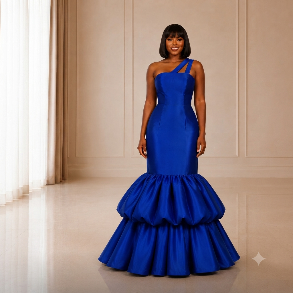 Shop online from our exclusive website. Discover the RUBY gown featuring structured Mikado fabric, an asymmetric one-shoulder neckline, fitted column silhouette, and dramatic balloon tiered hem.