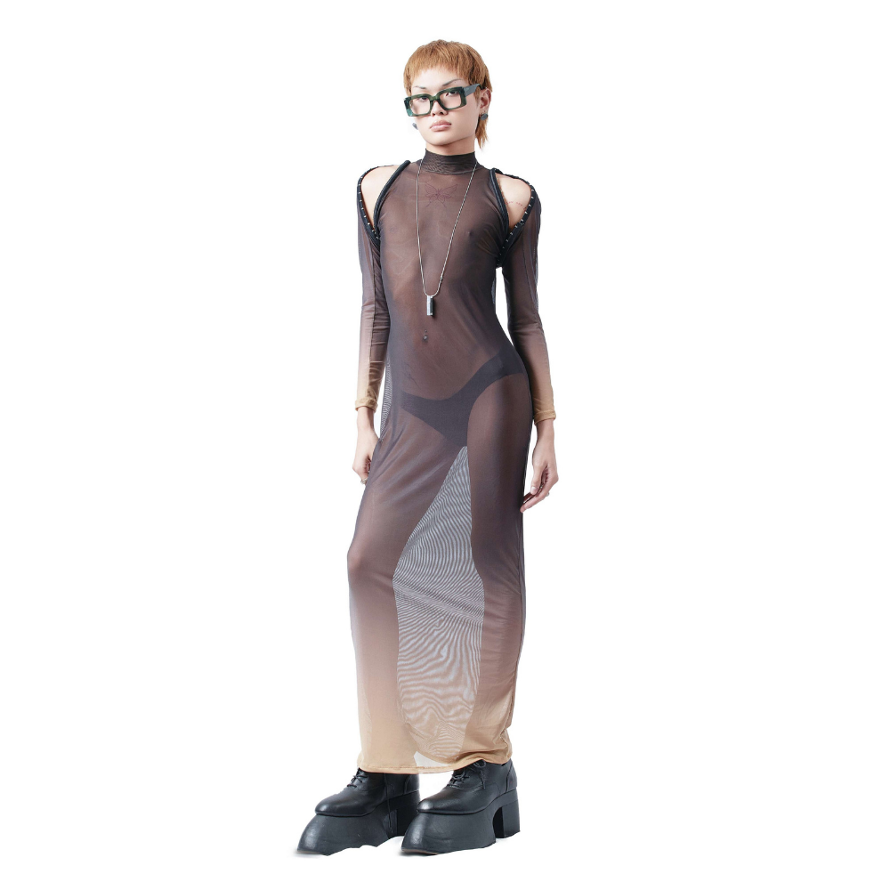 A high-neck dress made of polyester featuring a form-fitting silhouette and detachable long sleeves using corset braces.