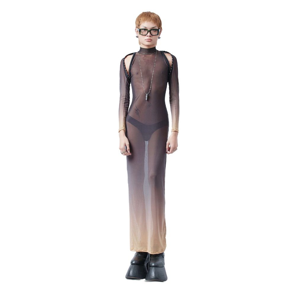 A high-neck dress made of polyester featuring a form-fitting silhouette and detachable long sleeves using corset braces.