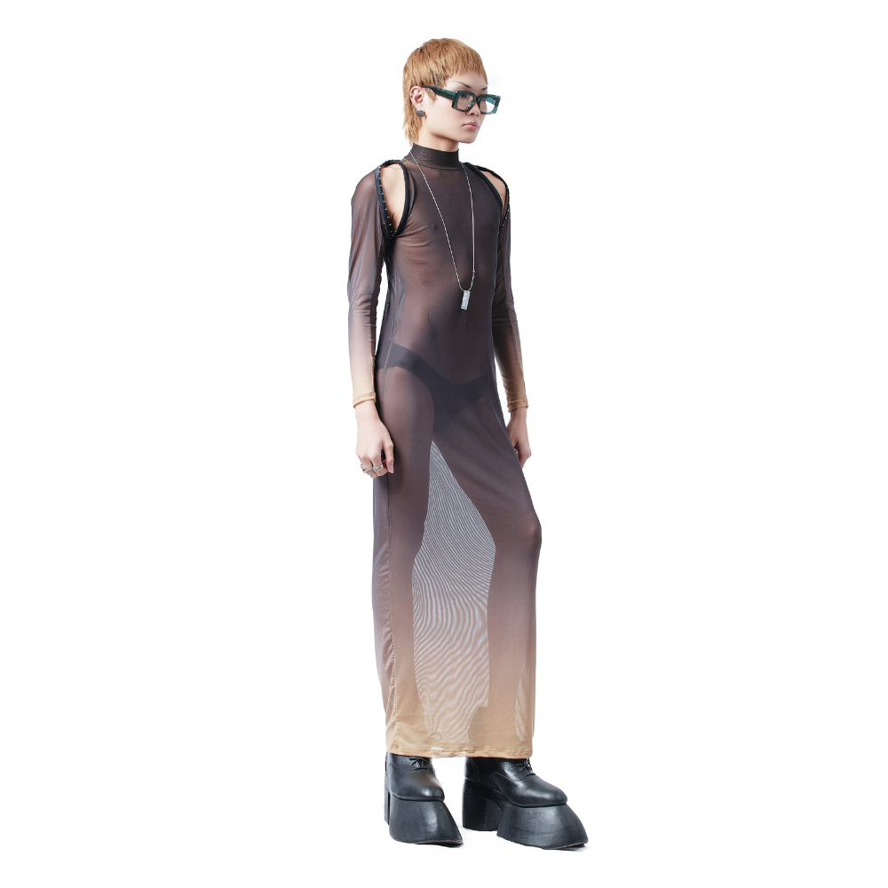 A high-neck dress made of polyester featuring a form-fitting silhouette and detachable long sleeves using corset braces. 