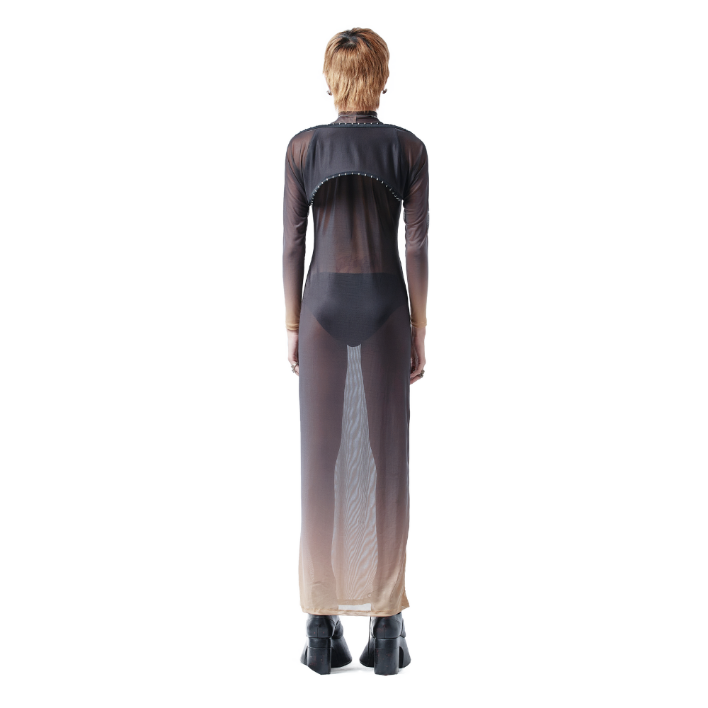 A high-neck dress made of polyester featuring a form-fitting silhouette and detachable long sleeves using corset braces.