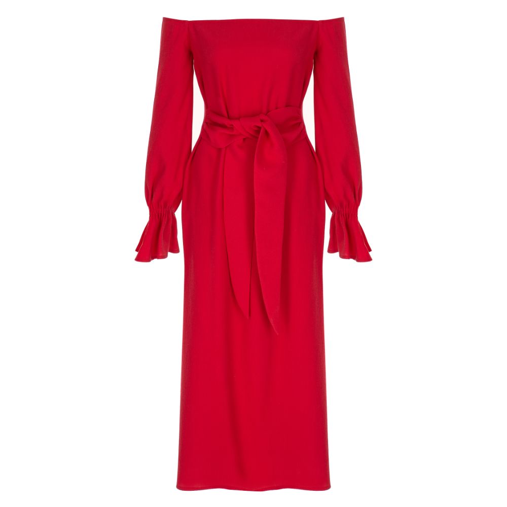 Red Strapless Midi Dress. 46% VIS /41% TNCL /13% PES.