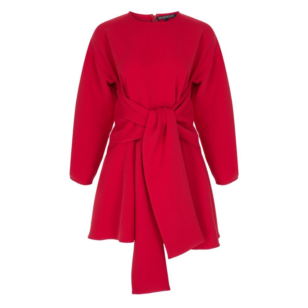 Red Tie-Detailed Mini Dress. 100% POLYESTER.