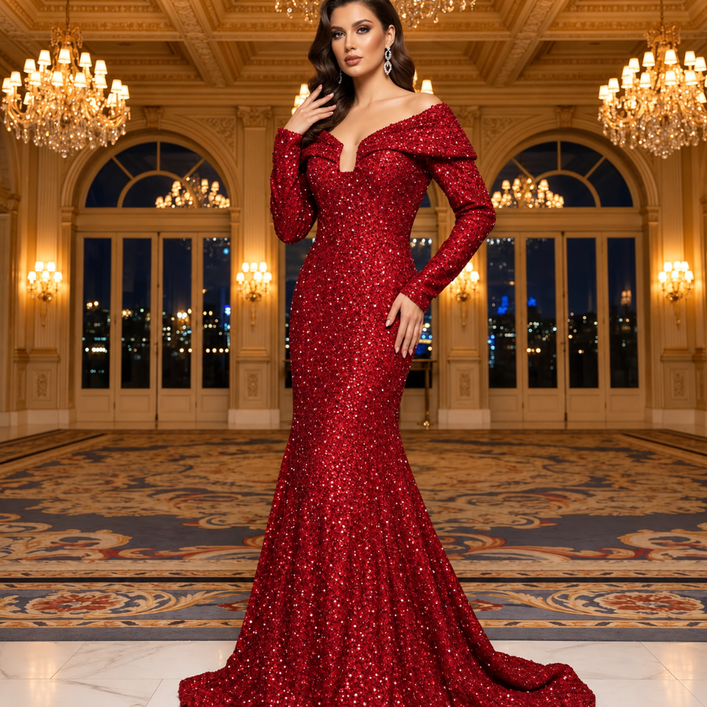 Shop online from our exclusive website. Discover the Reddy red mermaid gown featuring sequin fabric, an off-the-shoulder neckline, long sleeves, and a figure-hugging silhouette for galas and special occasions.