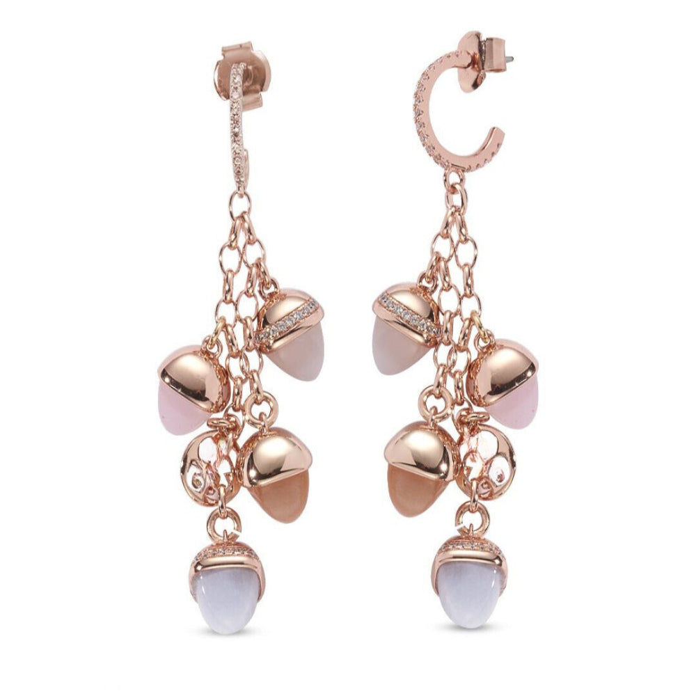 Shop online premium rose gold plated crescent earrings with rose quartz, gray agate, carnelian and mother of pearl crystals and cubic zirconia accents.